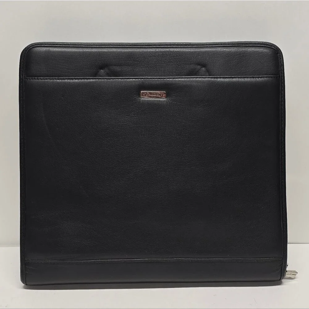 Franklin Covey Black Leather Zipper 3 Ring Binder Briefcase Retractable Handles